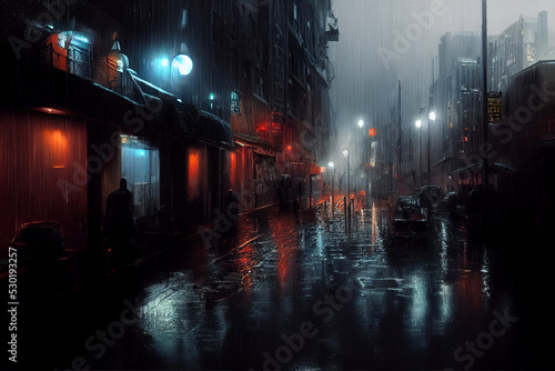 illustration of imaginary urban scenery at night with rain