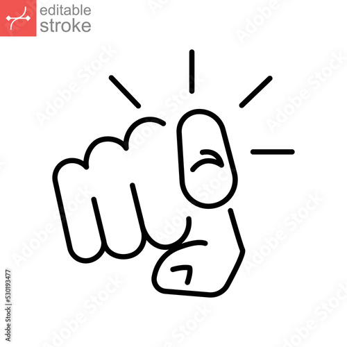 Finger pointing icon. Hand gesture of index finger pointer at viewer. Gesturing towards you. Line pictogram silhouette symbol. Editable stroke vector illustration. Design on white background. EPS 10