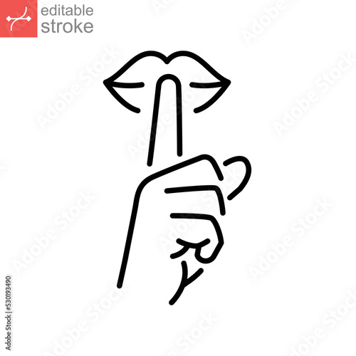 Please do quite pssst icon. Woman lips with finger showing silence sign. Do not disturb can be used for library infographic symbol. Editable vector illustration. Design on white background EPS 10 photo