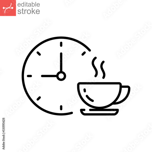 Coffee time icon, tea time. Hot coffee cup and time symbol for take a break or short rest period. Morning breakfast beverage. Editable stroke vector illustration. Design on white background. EPS 10