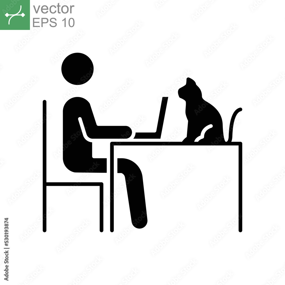 Human figure work on laptop with cat on table. graphic designer lifestyle. Freelance working from home office. solid pictogram. Glyph style. vector illustration. Design on white background. EPS 10 Human figure work on laptop with cat on table. graphic designer lifestyle. Freelance working from home office. solid pictogram. Glyph style. vector illustration. Design on white background. EPS 10