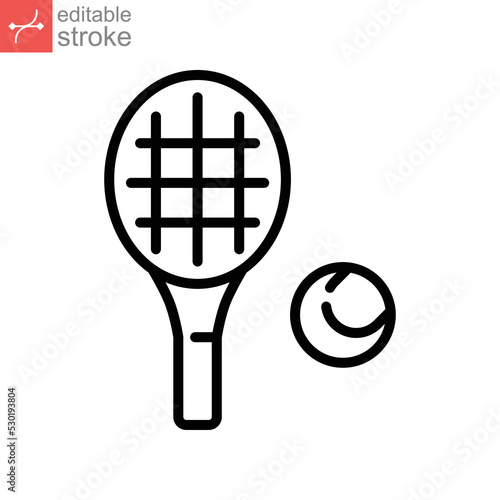 Racket and tennis ball, sport icon. Play Tennis game with racquet. Pictogram line style logo symbol for mobile app and website. editable stroke vector illustration. Design on white background. EPS 10