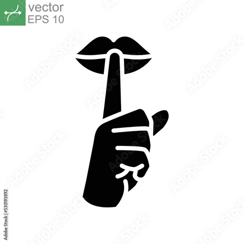 Please do quite pssst icon. Woman lips with finger showing silence sign. Do not disturb can be used for library infographic. Solid Glyph symbol. vector illustration. Design on white background EPS 10