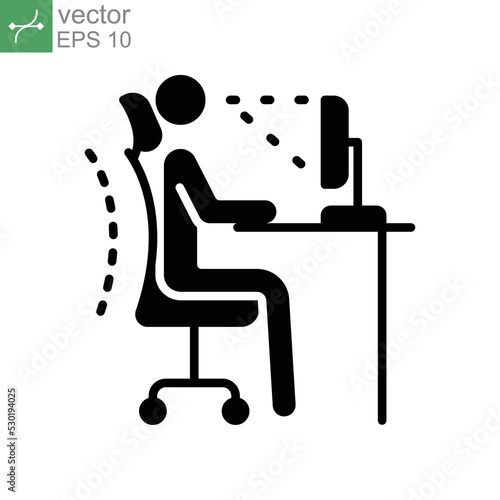 Ergonomic workplace icon. Computer desk workstation infographic. correct postures office syndrome of back body position for spine, neck care, eye sight. Solid, Glyph style. Vector illustration. EPS 10