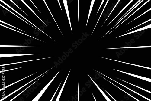 Flash ray blast glow. Vector illustration. Monochrome manga comic effect. White explosive lines on black backdrop