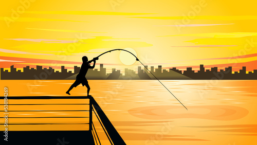 Silhouette fishermen fishing on the bridge at sunset. Vector illustration