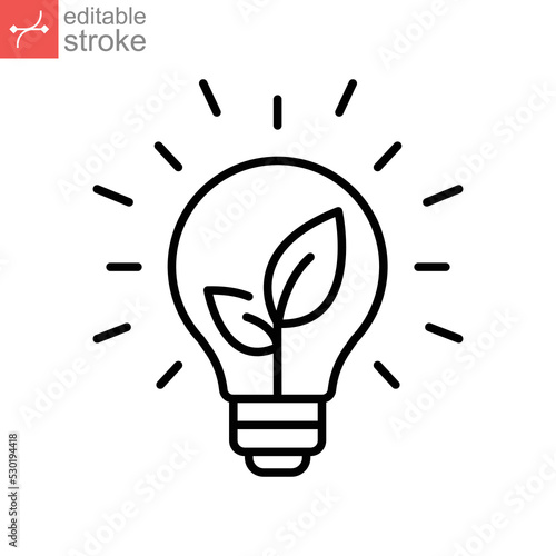 Sustainable ecological energy icon. Shining electric ecology light bulb with leaf inside. Go green lamp tube silhouette. Editable stroke. Line vector illustration. Design on white background. EPS 10