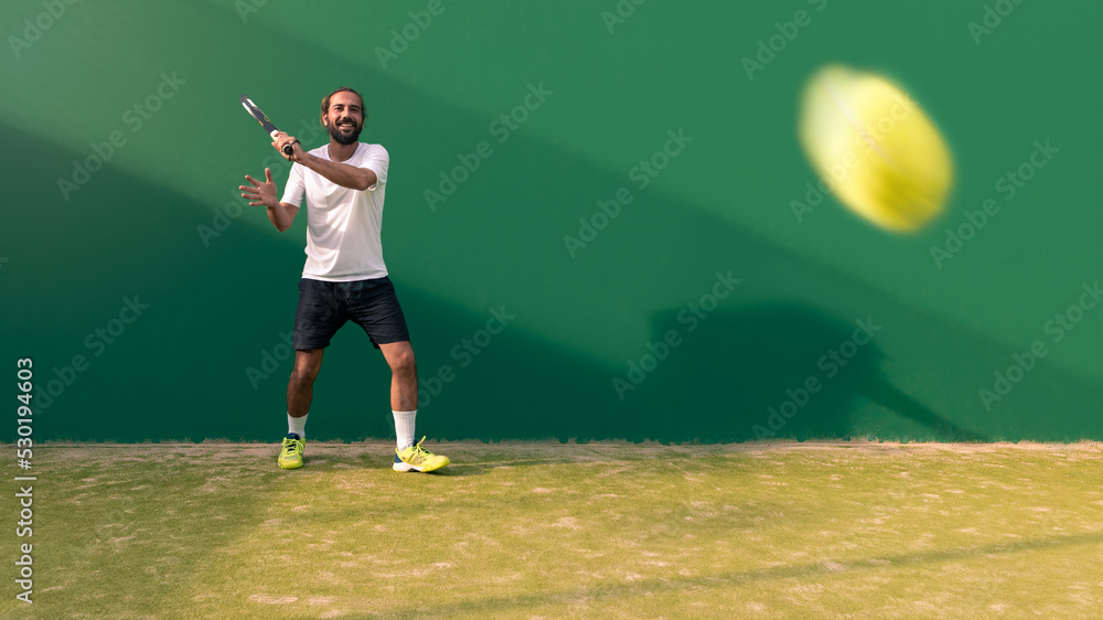 Professional monitor of padel jump to the ball with a black racket. Sport game Professional monitor of padel jump to the ball with a black racket. Sport game
