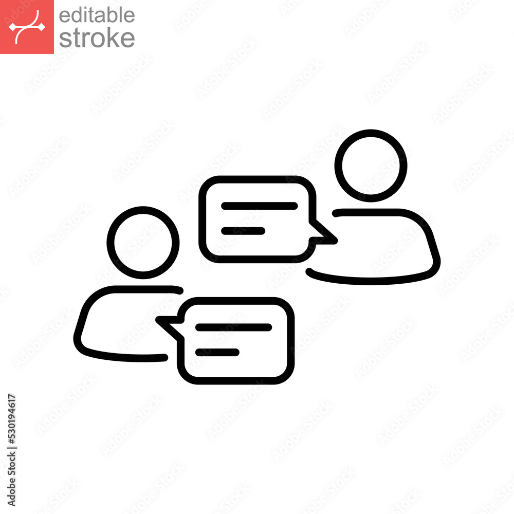 People talking icon. Social forum communication on social media. Two people debate and speaking on phone. Line outline pictogram Editable stroke. Vector illustration. Design on white background EPS 10 People talking icon. Social forum communication on social media. Two people debate and speaking on phone. Line outline pictogram Editable stroke. Vector illustration. Design on white background EPS 10