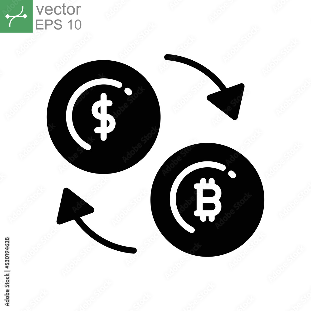 Currency exchange icon. Refund investment, money turnover national currency sign. Bitcoin to dollar with repeat arrow of cryptocurrency technology. Vector illustration Design on white background EPS10 Currency exchange icon. Refund investment, money turnover national currency sign. Bitcoin to dollar with repeat arrow of cryptocurrency technology. Vector illustration Design on white background EPS10