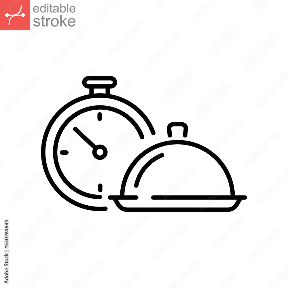 Obraz premium Fast cooking food icon. time or clock and serving dish of gourmet culinary concept. Snack bar. line or outline pictogram style. Editable stroke. vector illustration. design on white background. EPS 10