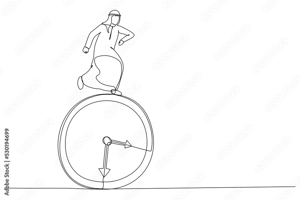 Cartoon of arab businessman running on clock. Deadline concept. Single continuous line art style Cartoon of arab businessman running on clock. Deadline concept. Single continuous line art style