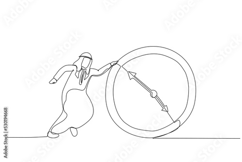 Illustration of arab businessman Running Behind Running Clock. One continuous line art style