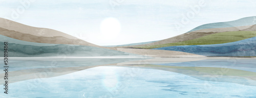 Cool landscape art background with mountains and hills on the sea in a watercolor style. Vector nature banner for decoration design, packaging, wallpaper, print, interior design, textile.