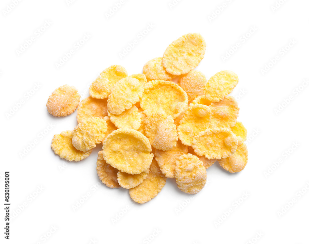 Heap of tasty crispy corn flakes isolated on white, top view Heap of tasty crispy corn flakes isolated on white, top view