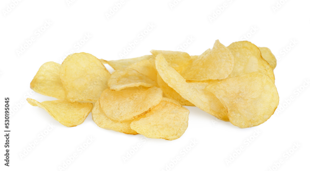 Heap of delicious potato chips on white background