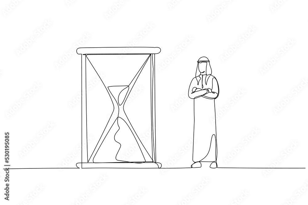 Cartoon of arab businessman standing and looking at hourglass while time goes by. Patience concept. Continuous line art Cartoon of arab businessman standing and looking at hourglass while time goes by. Patience concept. Continuous line art