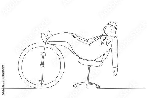 Cartoon of arab businessman sleeping lay down on office chair and alarm clock covered his face with book. Afternoon slump, laziness metaphor. Single continuous line art style
