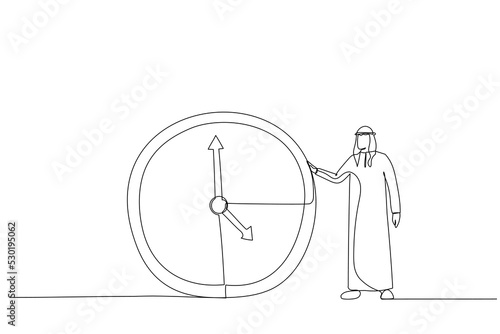 Drawing of arab businessman or manager is standing near a big clock. Time management concept. Single line art style