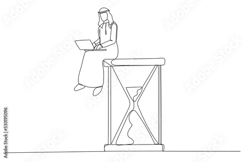 Illustration of arab businessman sitting on the hourglass with laptop legs crossed. Time management and procrastination concept. One line style art