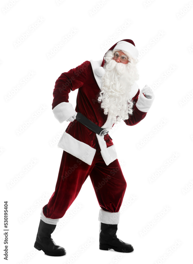 Santa Claus in costume running on white background Santa Claus in costume running on white background