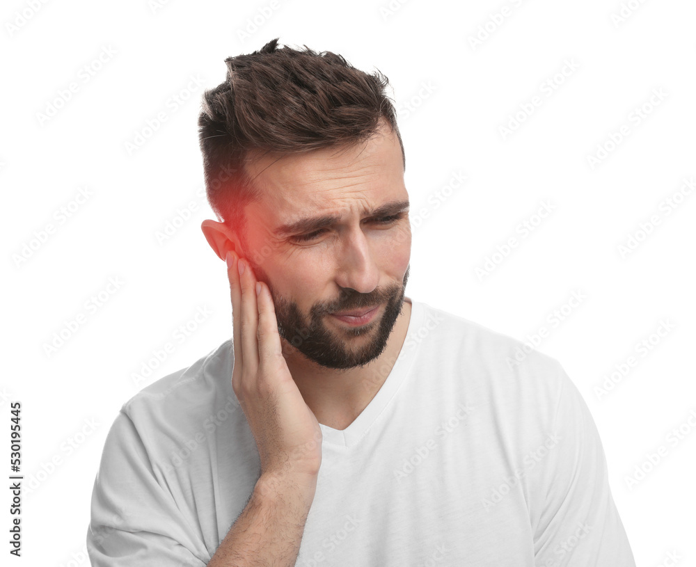 Man suffering from ear pain on white background Man suffering from ear pain on white background