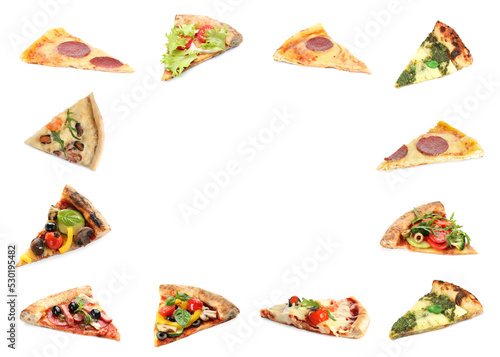 Frame made from slices of different pizzas on white background
