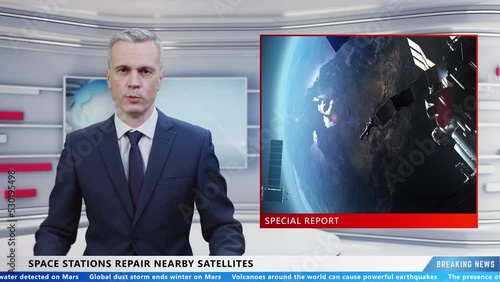 Male TV presenter in special live report commenting breaking news on TV channel about work in space of astronaut on space station and repairing satellites photo