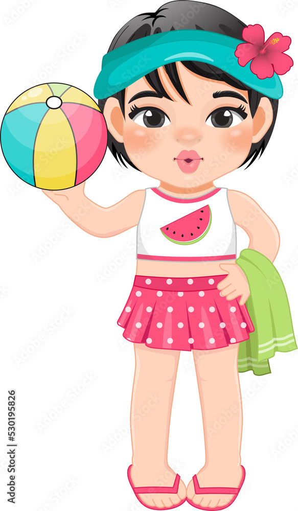 Beach girl in summer holiday. Kid holding colorful ball cartoon character design Beach girl in summer holiday. Kid holding colorful ball cartoon character design
