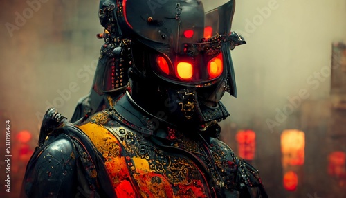 Fotografering image of a cyberpunk medieval samurai cosplay, slightly blurred background