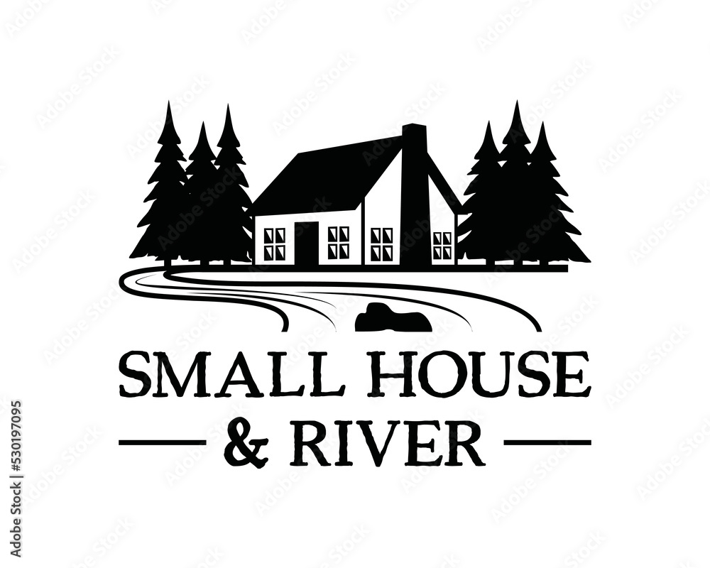 A house with a chimney with pine or fir or cypress trees next to it and a river illustration symbol icon logo vector