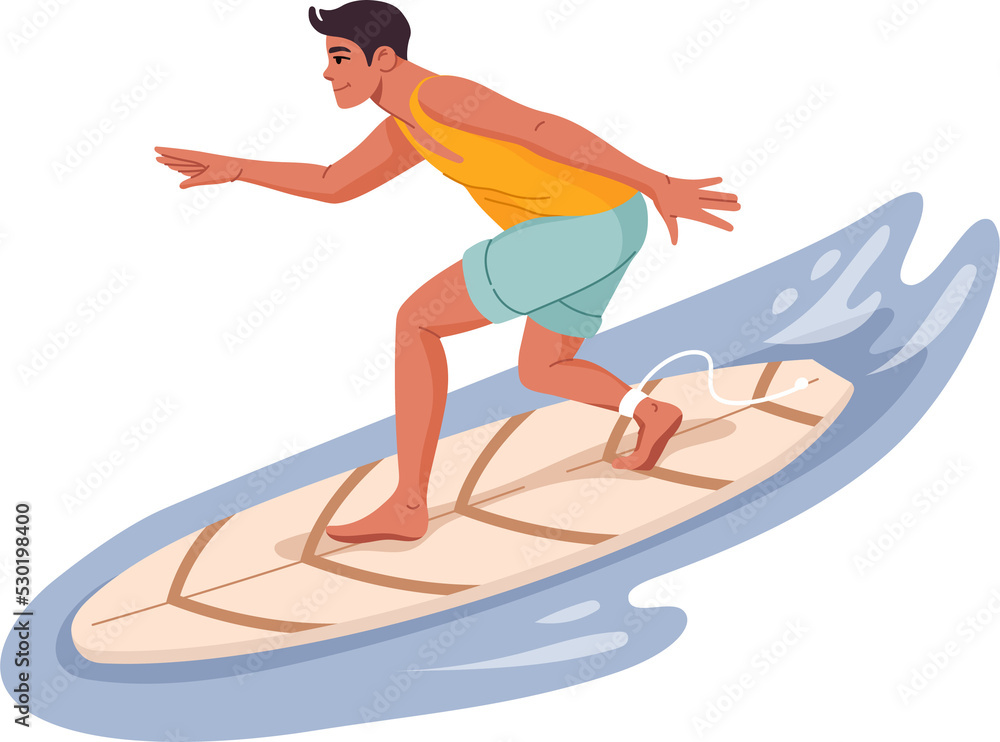 Young man surfer riding wave on a surfboard