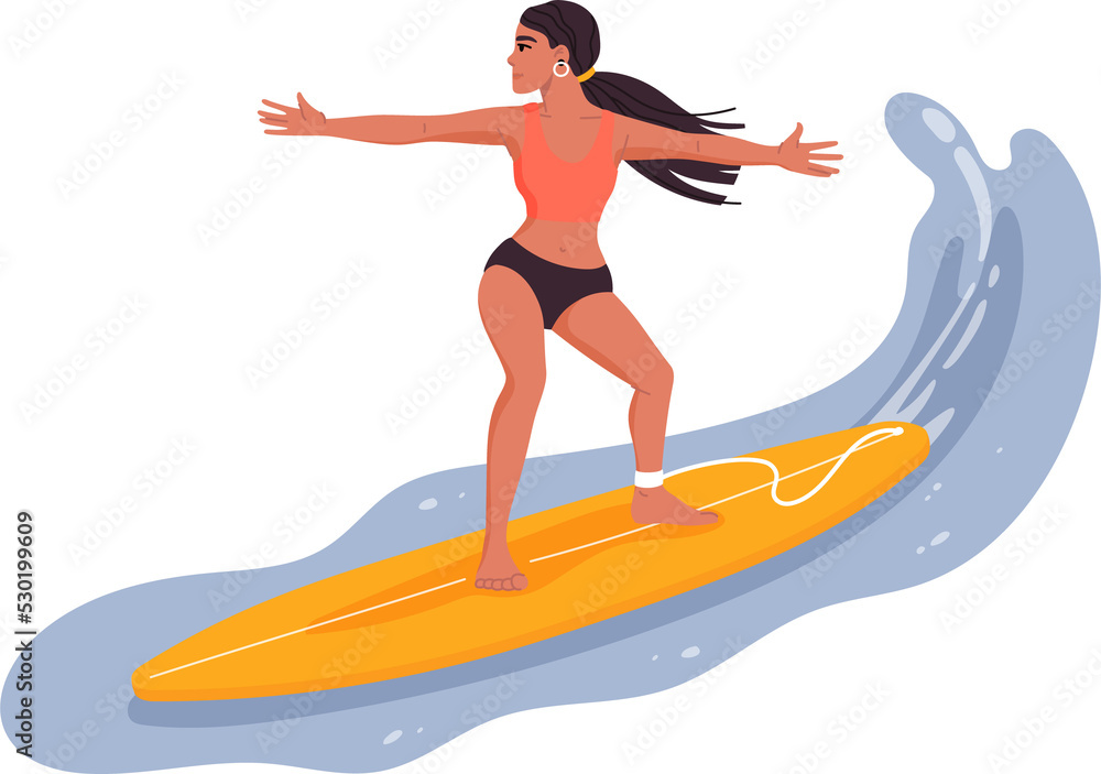 Woman in bikini surfing on surfboard on sea waves