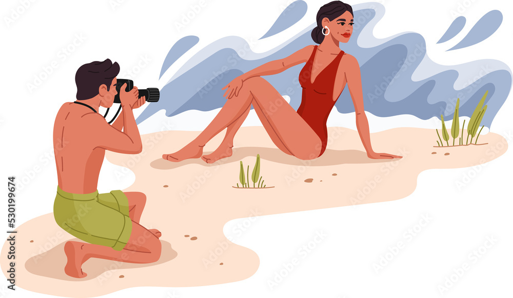 Man take photo of woman on summer beach vacation