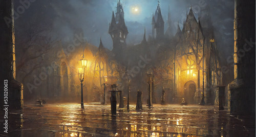 beautiful medieval city scene, old church at night, digital painting