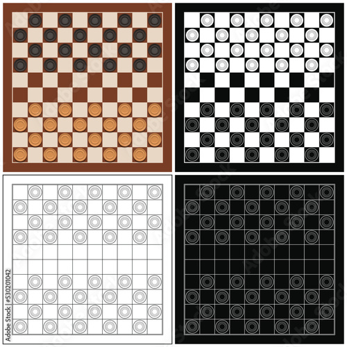 Layered editable vector illustration of checkers, also known as draughts, which is a group of strategy board game.