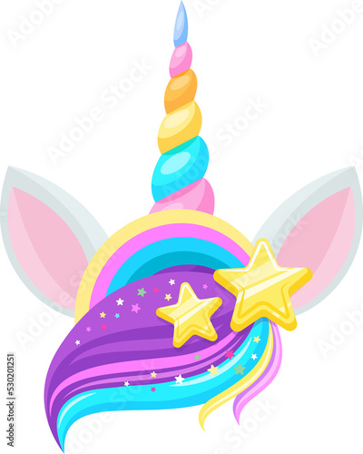 Unicorn head with hair bang  horn and ears  stars