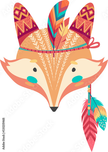 Fox animal face mask with tribal ornament isolated