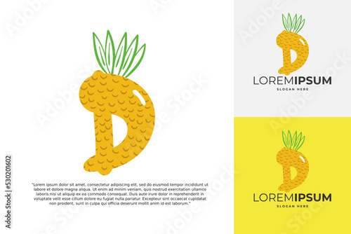 D letter logo made of pineapple. Fruit handmade calligraphy for agricultural identity, restaurant cards, kids t-shirt, summer prints, etc