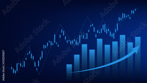 economy situation concept. Financial business statistics with bar graph and candlestick chart show stock market price and currency exchange on blue background