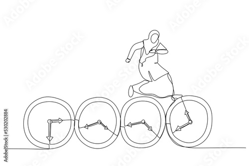 Illustration of muslim businesswoman expert jumping on time passing alarm clock. Procrastination or work productivity concept. One line art style