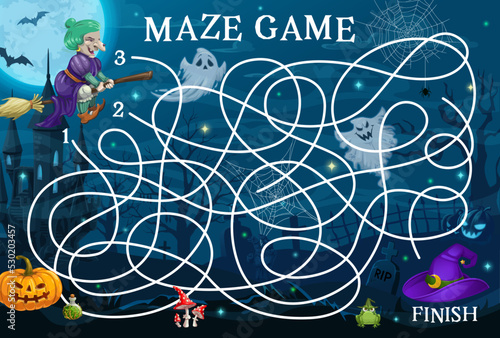 Halloween labyrinth maze. Help to witch to find her hat. Children labyrinth riddle or kids puzzle vector worksheet with Halloween witch on broom, cemetery ghosts and Jack o lantern pumpkin, castle