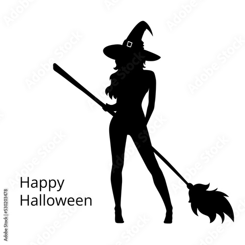 Silhouette of halloween beautiful sexy witch with broom and hat, vector illustration isolated