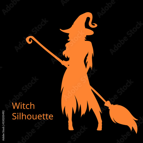 Silhouette of halloween beautiful sexy witch with broom and hat, vector illustration isolated