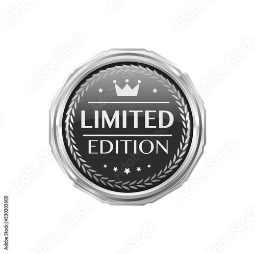 Limited edition silver badge and premium label. Limited edition product quality warranty seal or icon, authenticity guarantee metal vector label. Premium product quality certificate silver badge