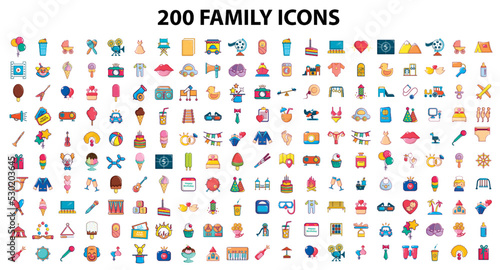200 family celebration icons set in cartoon style for any design vector illustration