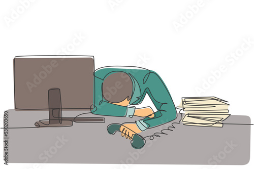 Single continuous line drawing of young despair manager give up answering phone call and cover his face on the desk. Work overload at the office concept one line draw design vector illustration