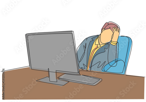 Single continuous line drawing of young sleepy businessman fall asleep on office chair with computer turn on at work desk. Work fatigue concept one line draw design vector illustration