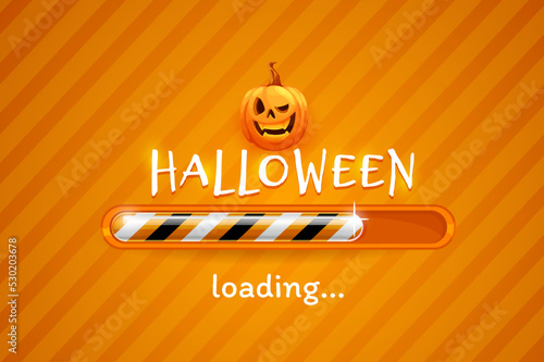 Halloween loading bar with pumpkin lantern, holiday party countdown vector background. Halloween trick or treat night greeting card or party invitation poster with horror pumpkin skull