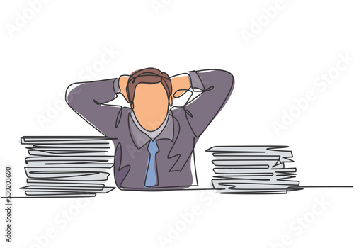 Single continuous line drawing of young frustrated businessman got headache facing pile of papers project on his desk. Overtime work at the office concept one line draw design vector illustration